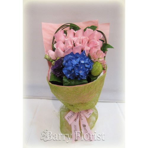 BOU 0033 20支A級粉紅色玫瑰 + 1支繡球花 + 季節性襯花